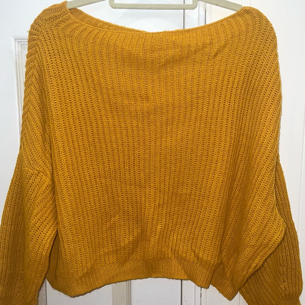 Off shoulder knit mustard yellow sweater